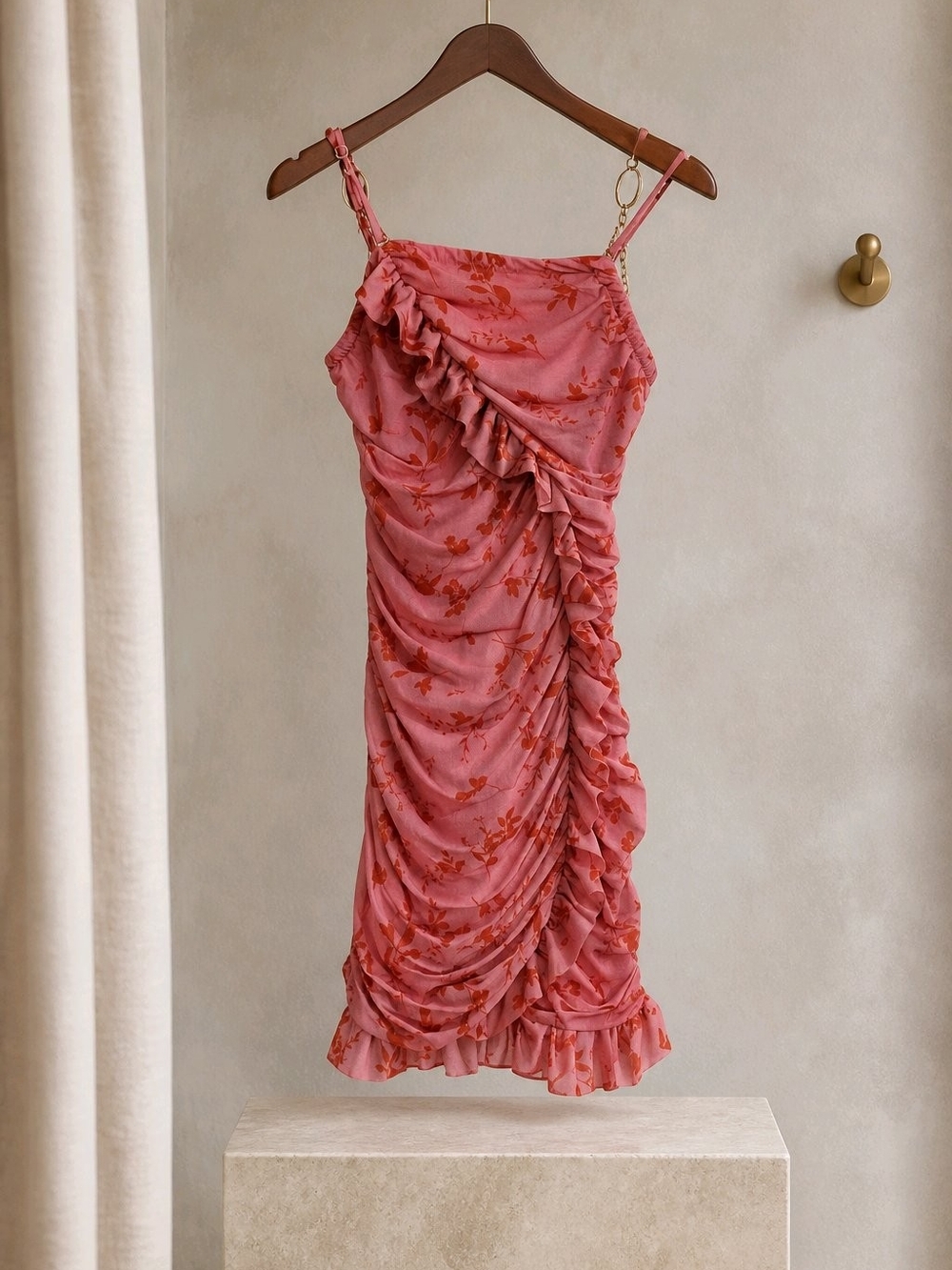 wild fable Rose-Pink Floral Ruffle Midi Dress